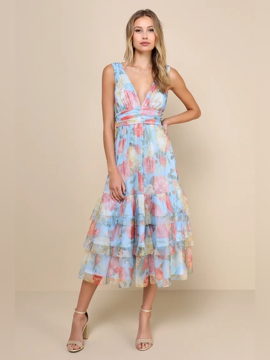 Lulus Dresses & Skirts - Lulus Perfectly Divine Blue Floral Tulle Tiered Ruffled Midi Dress Size XXL NWOT